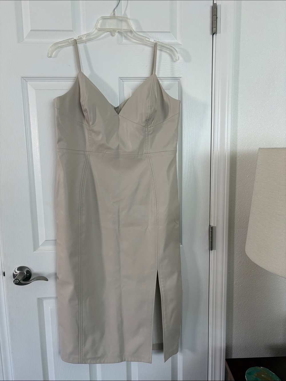 Faux leather Beige V-Neck Slip Dress with Front Slit